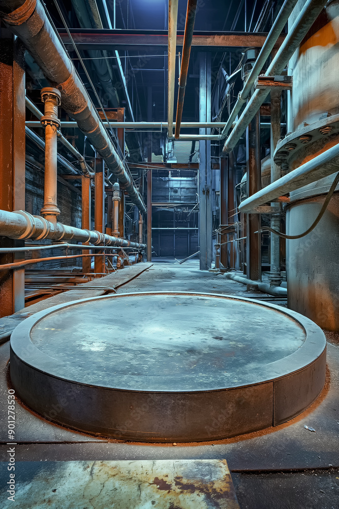 Industrial round product podium in an old factory setting. Pipes and machinery mechanical background with copy space. Industrial round product podium in an old factory setting. Pipes and machinery mechanical background with copy space.