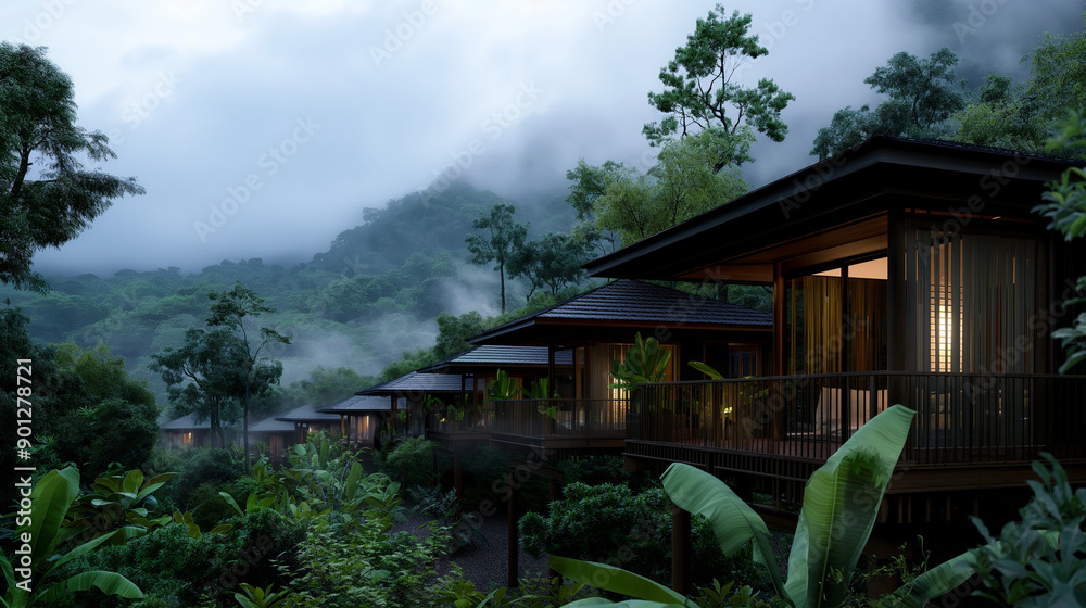 A luxury eco-friendly resort nestled in the rainforest, with sustainable practices and green architecture A luxury eco-friendly resort nestled in the rainforest, with sustainable practices and green architecture
