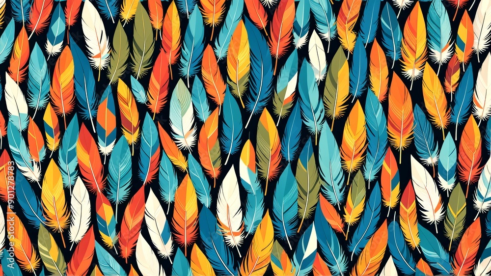 Illustration of a geometric pattern featuring stylized feathers in varying sizes and colors. Background. 6 Illustration of a geometric pattern featuring stylized feathers in varying sizes and colors. Background. 6