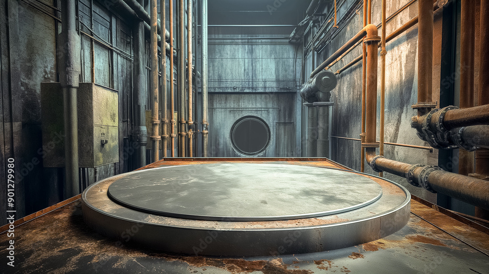 Industrial round product podium in an old factory setting. Pipes and machinery mechanical background with copy space. Industrial round product podium in an old factory setting. Pipes and machinery mechanical background with copy space.