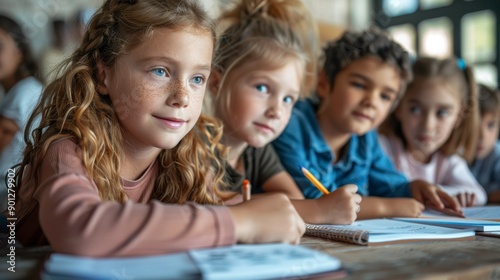 A group of elementary school students are sitting at their desks, listening attentively to their teacher.  They are focused on their work and seem to be enjoying their lesson.