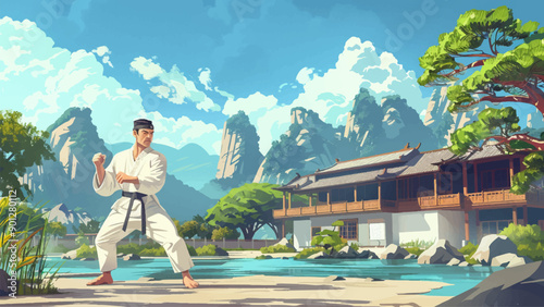 Man in Karate Stance Cartoon Environment Adventure Mobile Game Martial Arts Scene Fighting Pose Illustration Dojo Training Combat Action Self-Defense Technique Karateka Warrior