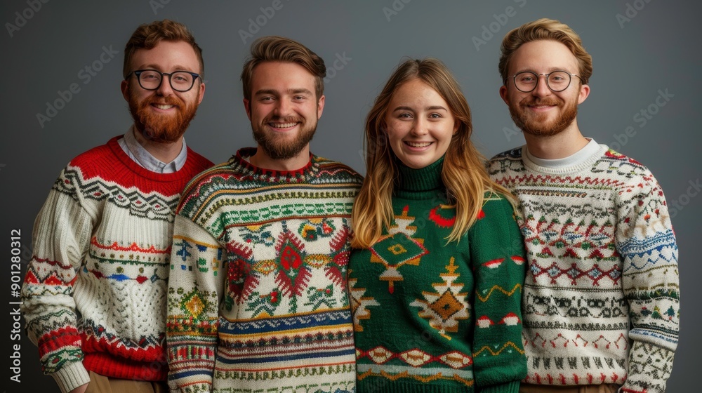 Four friends wearing festive sweaters smile for a portrait. They are dressed in holiday attire and appear to be happy and cheerful. The background is a plain grey color. Four friends wearing festive sweaters smile for a portrait. They are dressed in holiday attire and appear to be happy and cheerful. The background is a plain grey color.