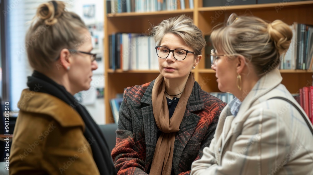 Three women with short hair and glasses engage in a conversation in a library setting. Three women with short hair and glasses engage in a conversation in a library setting.