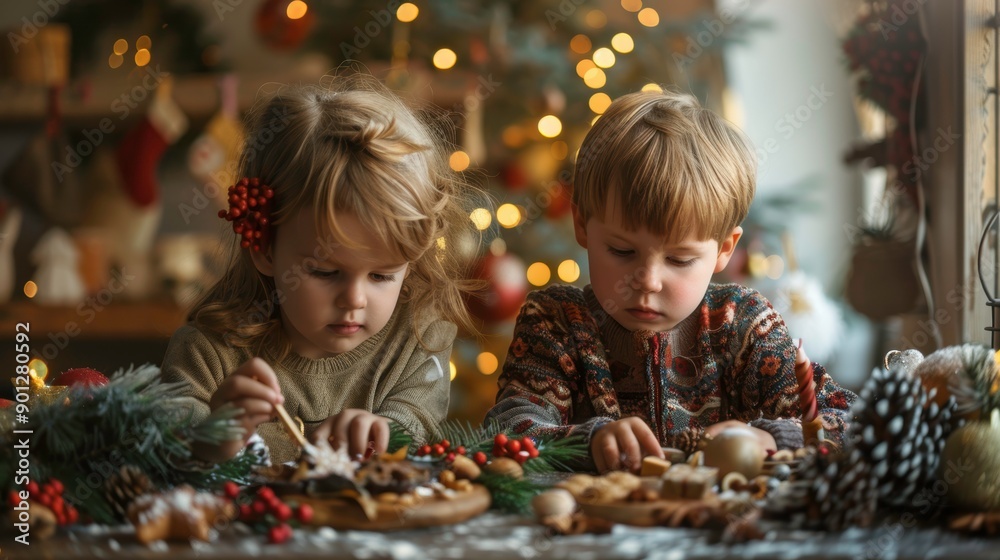 Two young children decorate a gingerbread house with Christmas ornaments. Two young children decorate a gingerbread house with Christmas ornaments.