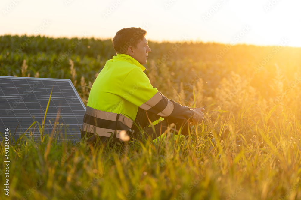 Contemplative engineer sitting in field at sunny day Contemplative engineer sitting in field at sunny day