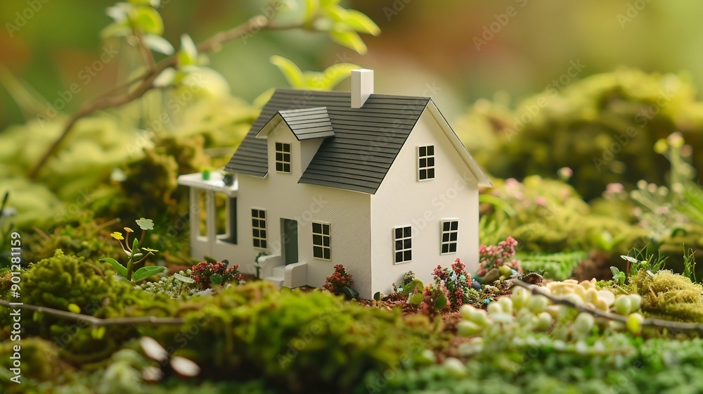 Miniature House In A Lush Green Garden Setting, Surrounded By Flowers And Moss, Creating A Whimsical Scene. Generative AI Miniature House In A Lush Green Garden Setting, Surrounded By Flowers And Moss, Creating A Whimsical Scene. Generative AI