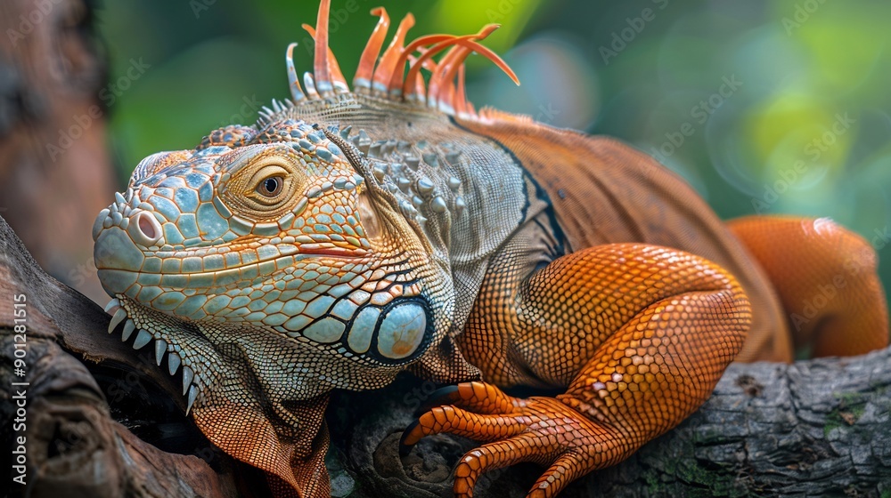 Green Iguana with Vivid Orange and Blue Scales Green Iguana with Vivid Orange and Blue Scales