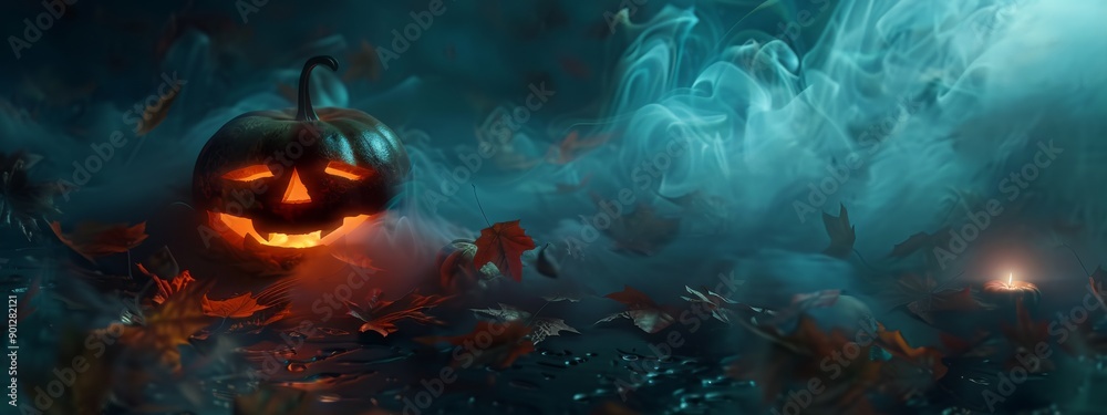 Halloween background with jack o' lanterns, pumpkins and autumn leaves on a podium. Scary night scene. Halloween background with jack o' lanterns, pumpkins and autumn leaves on a podium. Scary night scene.