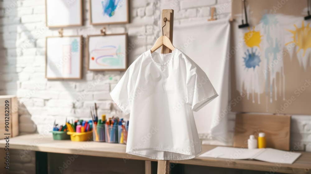 A white art smock hanging on a wooden easel in a bright and creative art studio, surrounded by various art supplies and paintings. A white art smock hanging on a wooden easel in a bright and creative art studio, surrounded by various art supplies and paintings.