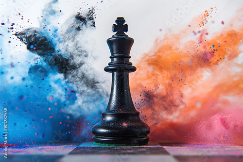 Chess king with an explosion of colored dust on a white background. Generated by artificial intelligence photo