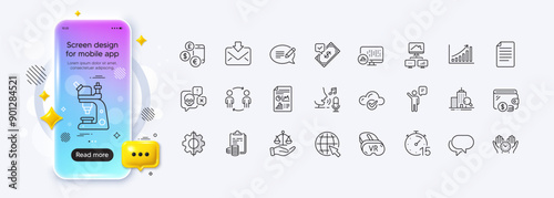 Microscope, File and Graph chart line icons for web app. Phone mockup gradient screen. Pack of Currency rate, Justice scales, Wallet pictogram icons. Microphone, Inspect, Agent signs. Vector