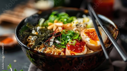 Delicious bowl of ramen with eggs, green onions, and seaweed, perfect for food lovers and culinary enthusiasts. photo