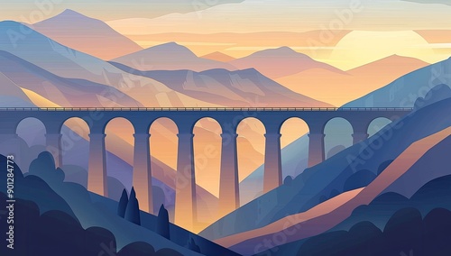 Illustration of Train on Bridge at Sunset photo