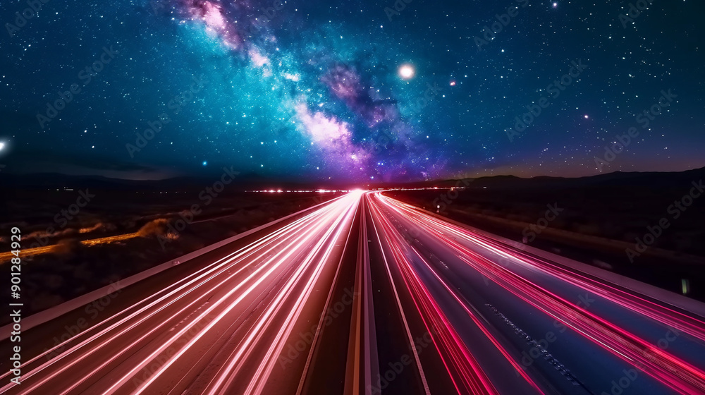 A nighttime highway scene from a dashcam, highlighting the illuminated road, headlights of oncoming cars, and the starry sky above A nighttime highway scene from a dashcam, highlighting the illuminated road, headlights of oncoming cars, and the starry sky above