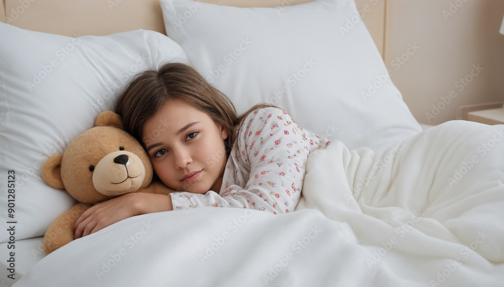 Adorable little girl with teddy bear in bedroom Adorable little girl with teddy bear in bedroom