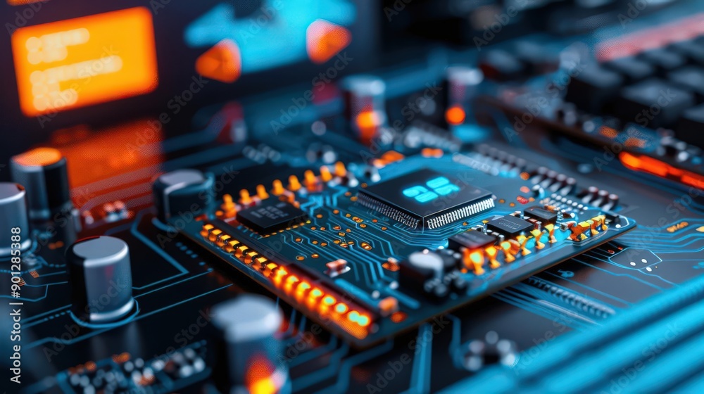 Close-up of a modern microchip on a circuit board with glowing lights, perfect for technology and electronics themes. Close-up of a modern microchip on a circuit board with glowing lights, perfect for technology and electronics themes.