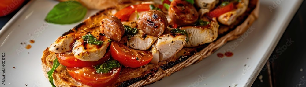 Delicious grilled chicken sandwich with fresh tomatoes and basil, served on toasted bread, perfect for a hearty meal. Delicious grilled chicken sandwich with fresh tomatoes and basil, served on toasted bread, perfect for a hearty meal.