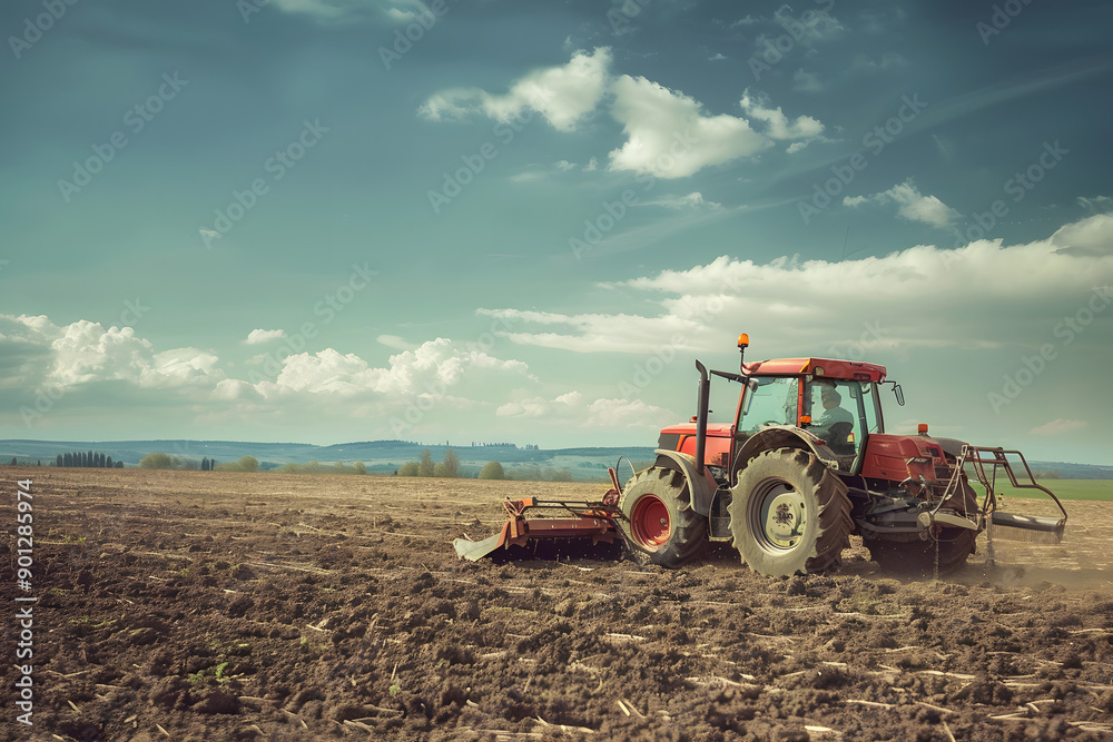 Red tractor working in a rural field under a blue sky Red tractor working in a rural field under a blue sky