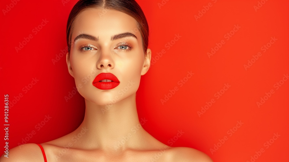 A woman with red lips and a red background. She is wearing a red dress. The image has a bold and confident mood A woman with red lips and a red background. She is wearing a red dress. The image has a bold and confident mood