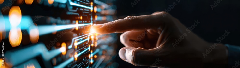 hand interacting with a digital interface, highlighting technology and innovation in modern computing. hand interacting with a digital interface, highlighting technology and innovation in modern computing.
