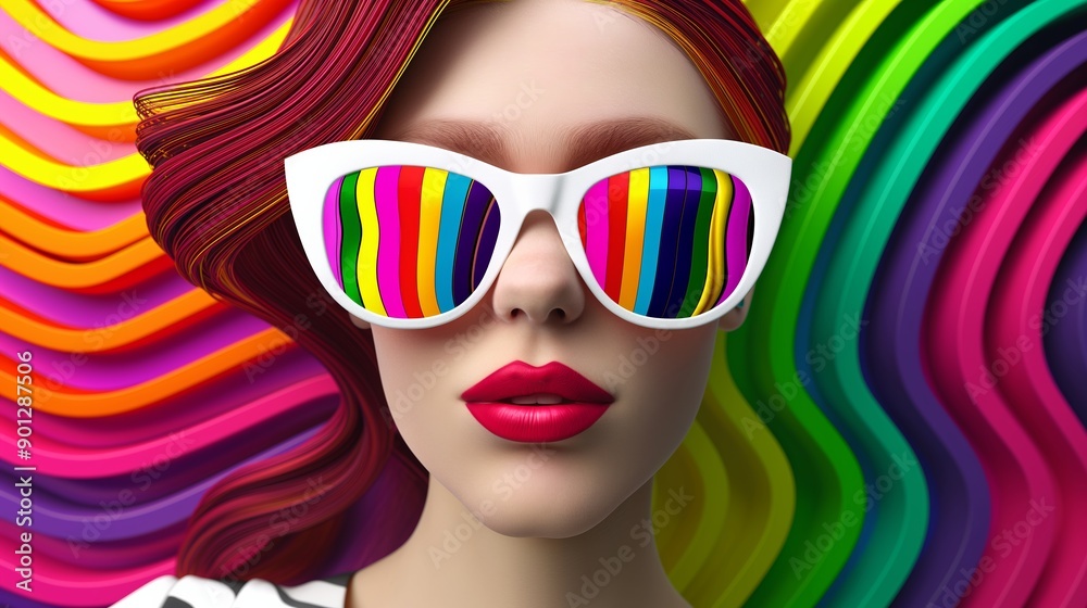 A woman with rainbow colored hair and sunglasses is the main focus of the image. The colorful background and the woman's outfit create a fun and vibrant atmosphere. The sunglasses add a touch of style A woman with rainbow colored hair and sunglasses is the main focus of the image. The colorful background and the woman's outfit create a fun and vibrant atmosphere. The sunglasses add a touch of style