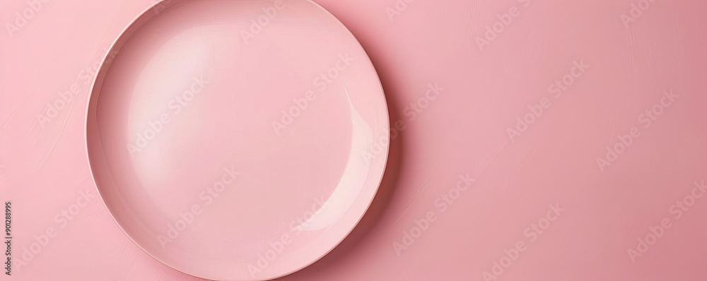 Celebration concept featuring a blank pink plate on a pink table, viewed from above. The soft pink tones create a sweet atmosphere. Plenty of room for text. Celebration concept featuring a blank pink plate on a pink table, viewed from above. The soft pink tones create a sweet atmosphere. Plenty of room for text.