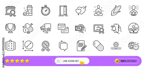 Yoga balance, Time management and Alarm clock line icons for web app. Pack of Circle area, Best market, Iodine mineral pictogram icons. Article, Capsule pill, Image album signs. Search bar. Vector