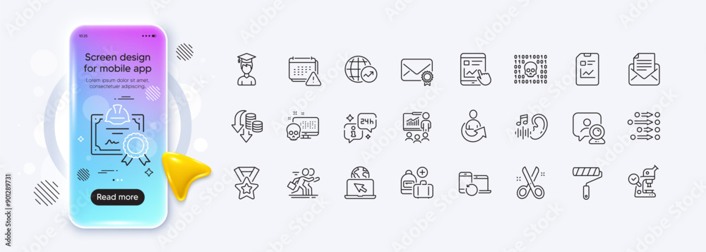 Info, Binary code and Share line icons for web app. Phone mockup gradient screen. Pack of Certificate, Microscope, Mail correspondence pictogram icons. Vector Info, Binary code and Share line icons for web app. Phone mockup gradient screen. Pack of Certificate, Microscope, Mail correspondence pictogram icons. Vector