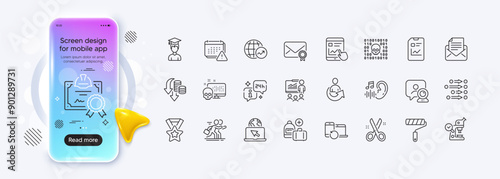 Info, Binary code and Share line icons for web app. Phone mockup gradient screen. Pack of Certificate, Microscope, Mail correspondence pictogram icons. Vector photo