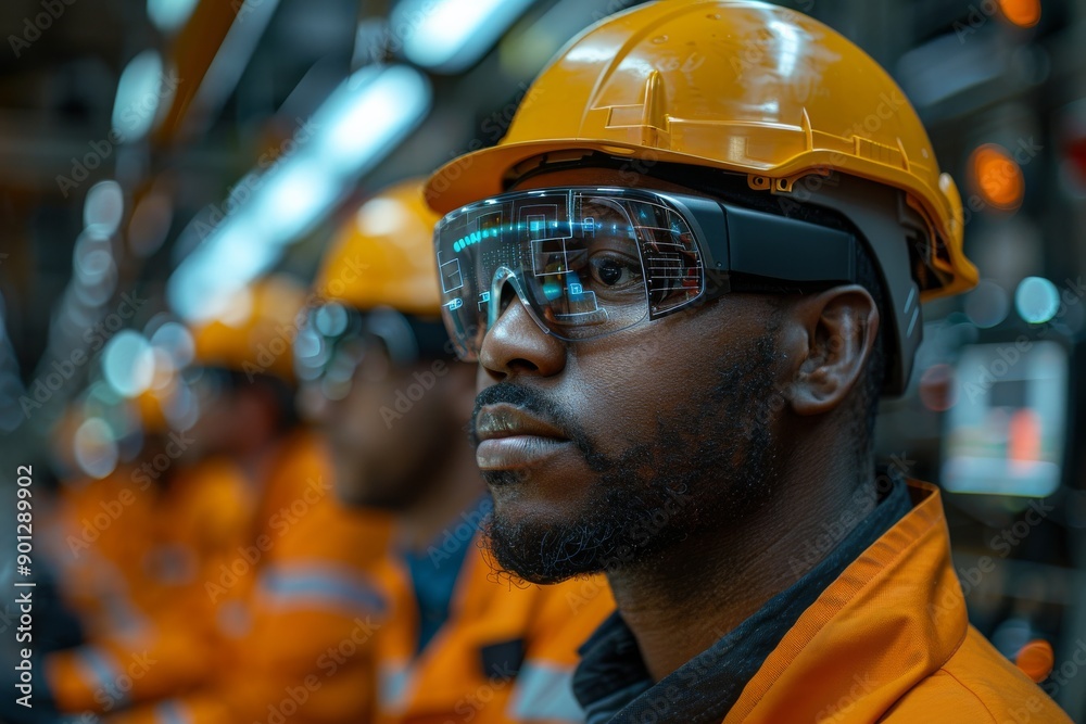 Factory employees using augmented reality glasses, high-tech assembly line, modern production techniques. Generative AI Factory employees using augmented reality glasses, high-tech assembly line, modern production techniques. Generative AI