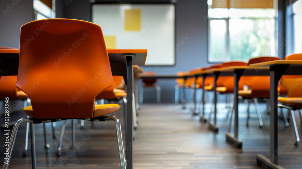 Modern classroom with orange chairs and wooden tables. Professional training center. Education and interior concept. Modern classroom with orange chairs and wooden tables. Professional training center. Education and interior concept.