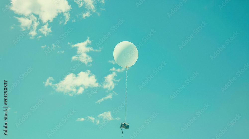 Obraz premium digital camera flying with balloon in the sky