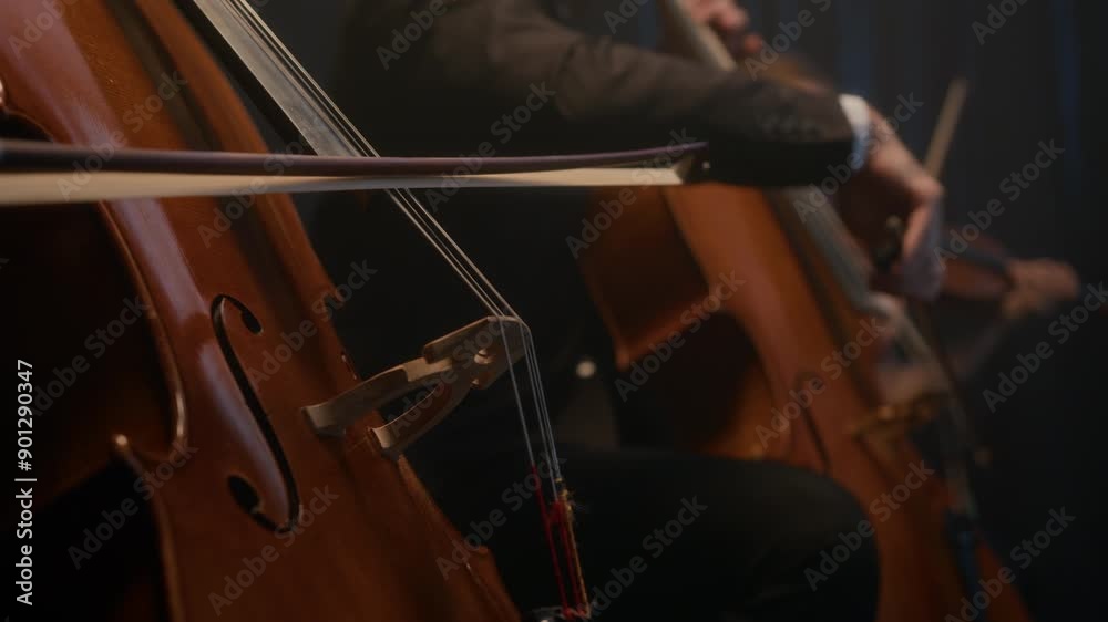 Cropped shot of virtuous string orchestra playing bass, cello and violin while giving live concert on dark stage