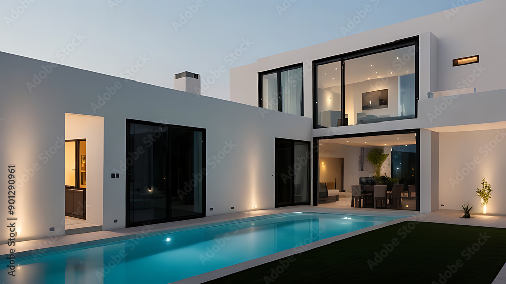 Nighttime lighting highlights the villa’s architectural features and enhances its ambiance.