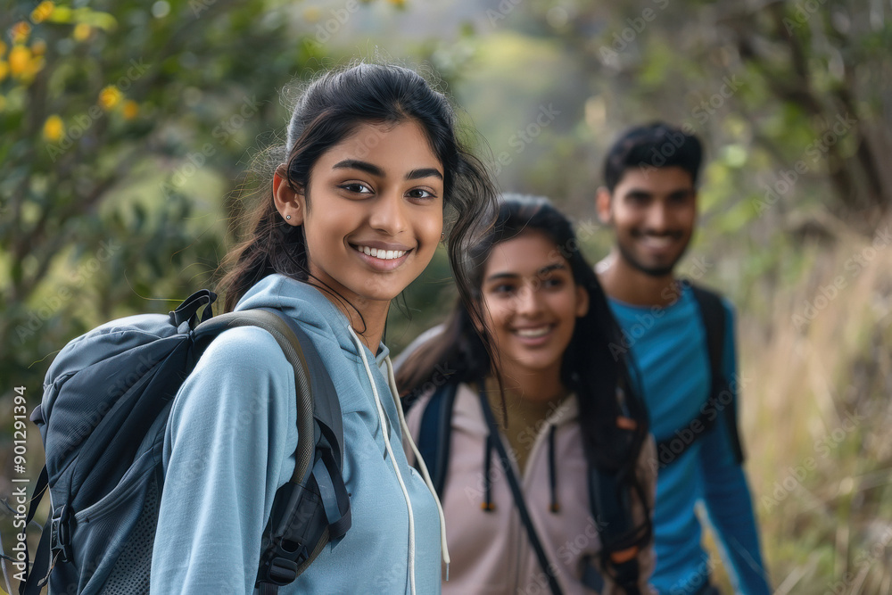 young indian tourist people group walking at forest
