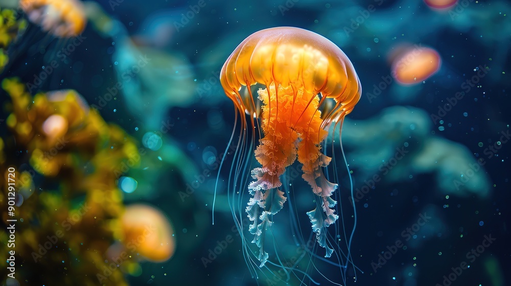 Orange Jellyfish Gliding Through the Water, Showcasing Its Vibrant Color and Graceful Movement in the Ocean Orange Jellyfish Gliding Through the Water, Showcasing Its Vibrant Color and Graceful Movement in the Ocean