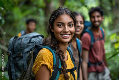 young indian tourist people group walking at forest © PRASANNAPIX