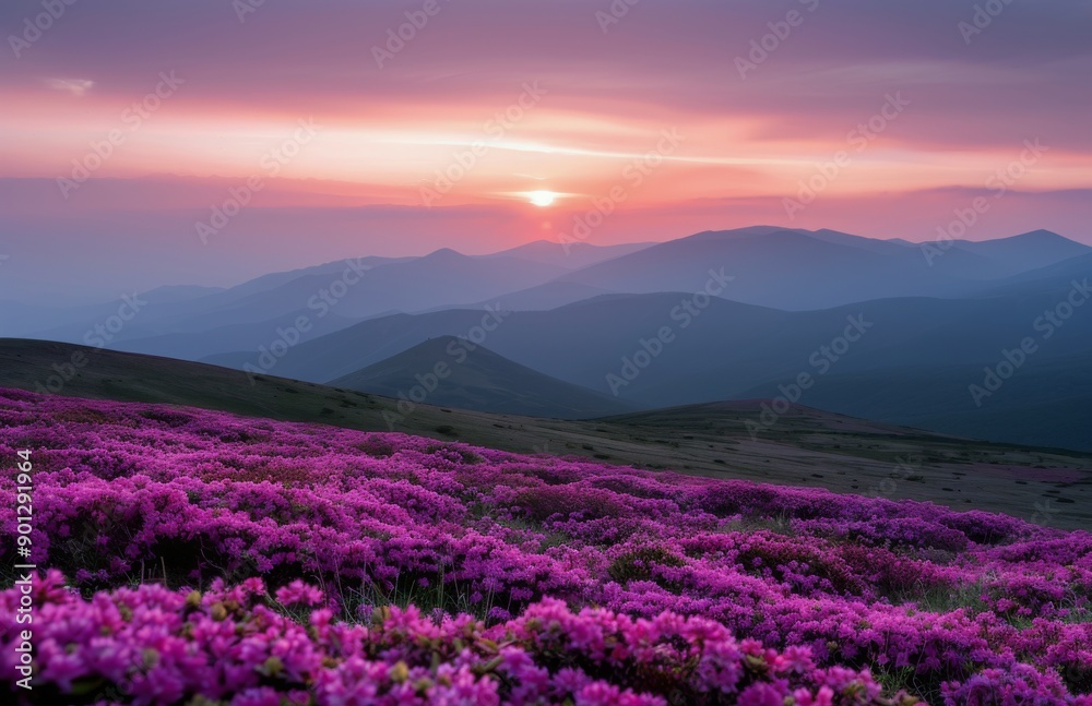 Obraz premium Purple Flowers at Sunset in the Mountains