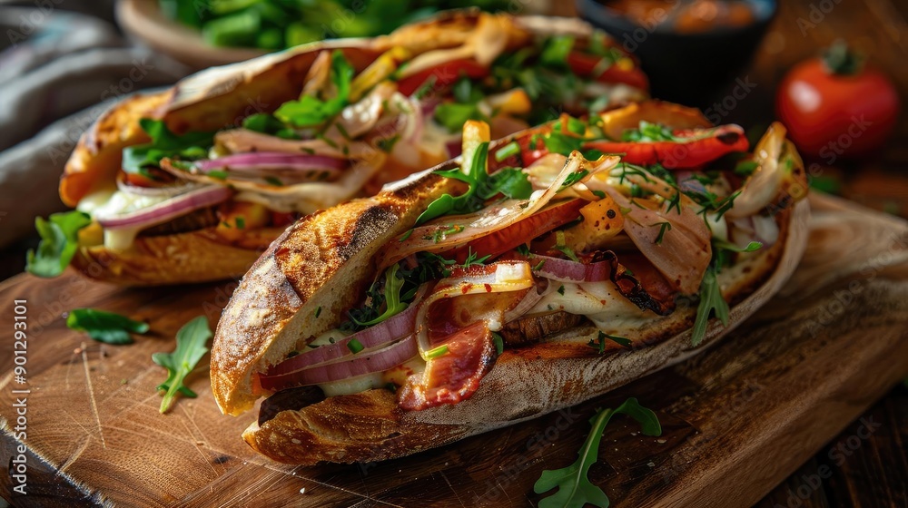Delicious sandwich with fresh ingredients, perfect for a hearty meal or vibrant food photography. Delicious sandwich with fresh ingredients, perfect for a hearty meal or vibrant food photography.