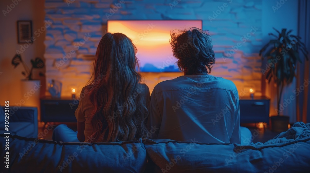 Naklejka premium A couple behind the Angle, sitting on a couch, looking at their modern flat-screen TV screen