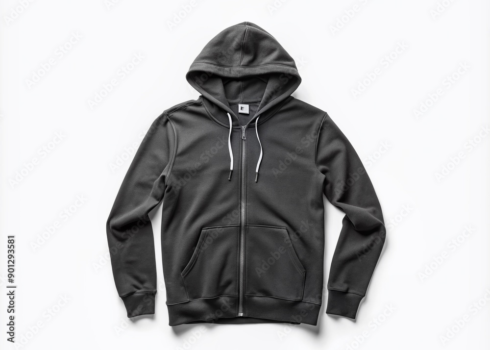 Isolated plain black hoodie jacket with empty pockets and a simple design, laid flat on a plain white background, perfect for fashion brand mockup designs. Isolated plain black hoodie jacket with empty pockets and a simple design, laid flat on a plain white background, perfect for fashion brand mockup designs.