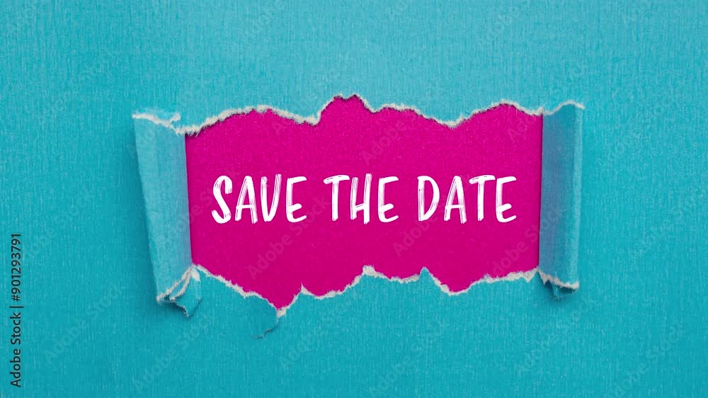 Save the date message writing on ripped torn blue paper on pink background