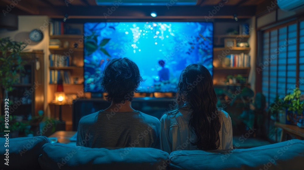A couple behind the Angle, sitting on a couch, looking at their modern flat-screen TV screen A couple behind the Angle, sitting on a couch, looking at their modern flat-screen TV screen