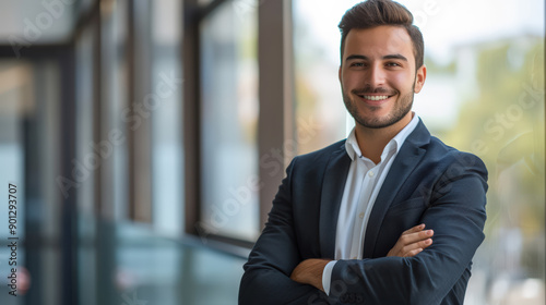 Business concept. Manager standing in office arms crossed wearing a suit. 