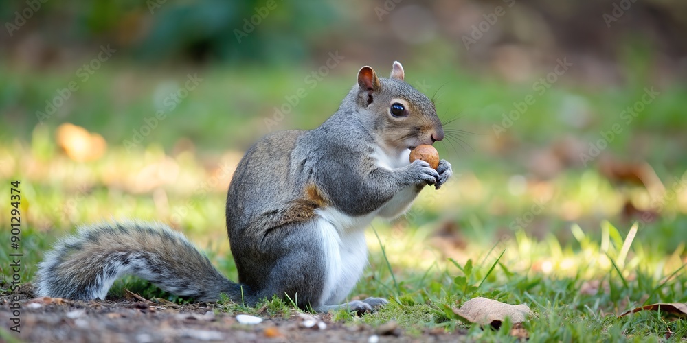 western gray squirrel seated on the ground with an acorn in its paws AI-Created Content, forest, ground western gray squirrel seated on the ground with an acorn in its paws AI-Created Content, forest, ground