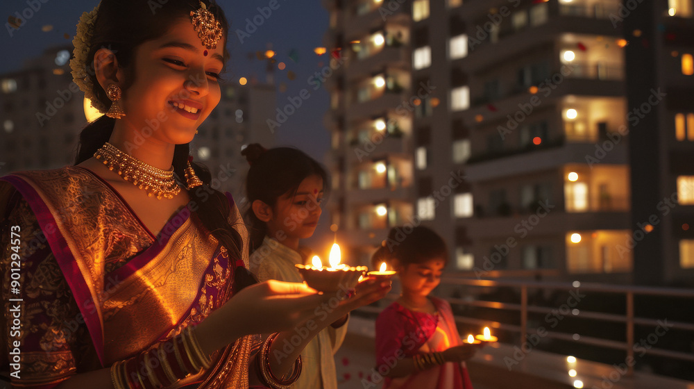 Obraz premium Indian young women lighting lamps on diwali festival