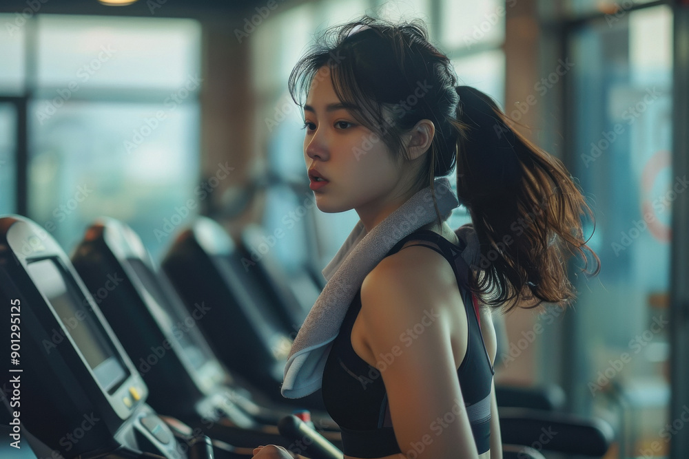 young beautiful woman running on treadmill at gym young beautiful woman running on treadmill at gym