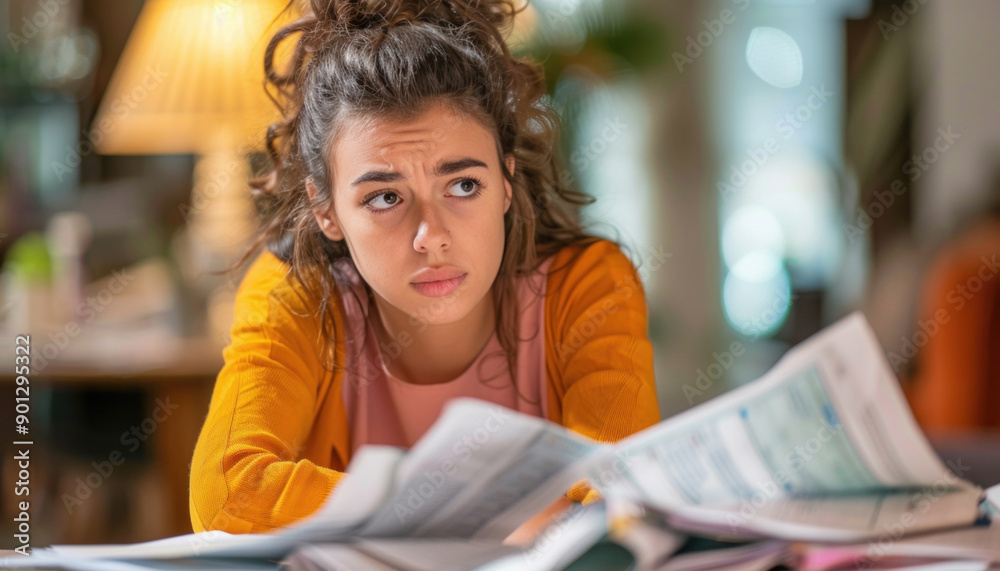 A woman is sitting at a table with papers and appears to be immersed in reading A woman is sitting at a table with papers and appears to be immersed in reading