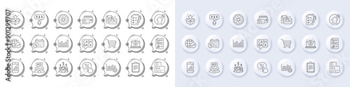 Fan engine, Loan percent and Graph phone line icons. White pin 3d buttons, chat bubbles icons. Pack of Market sale, Money transfer, Discount button icon. Vector
